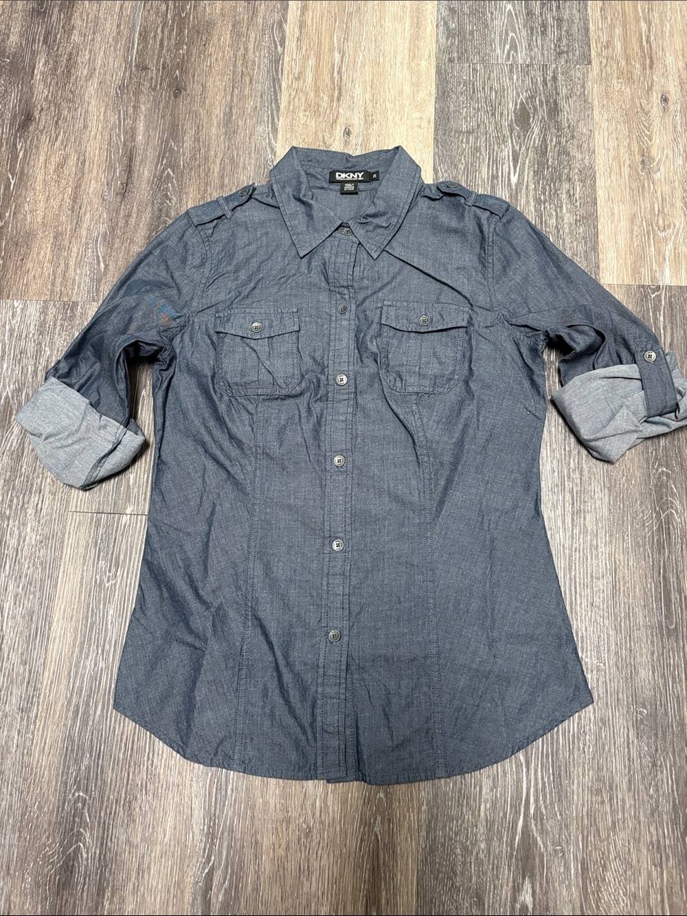 DKNY Men's Dark Blue Chambray Button-Down Shirt with Roll Tabs